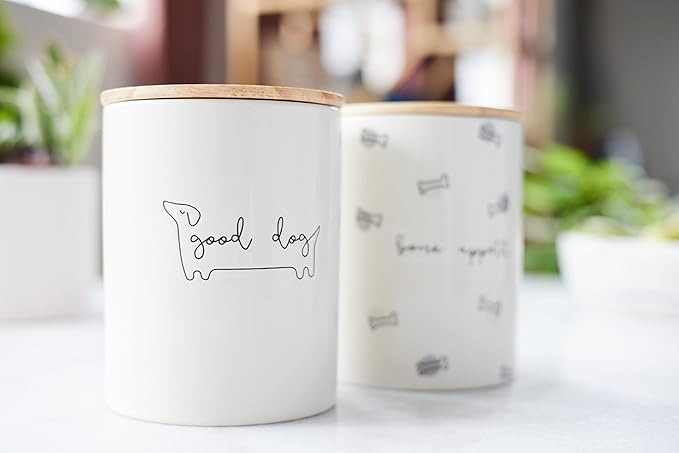 Pearhead Good Dog Ceramic Treat Jar with Airtight Wooden Lid – Modern Neutral Pet Treat Canister Keeps Snacks Fresh – Stylish Countertop Storage, 4 Cup / 32 oz