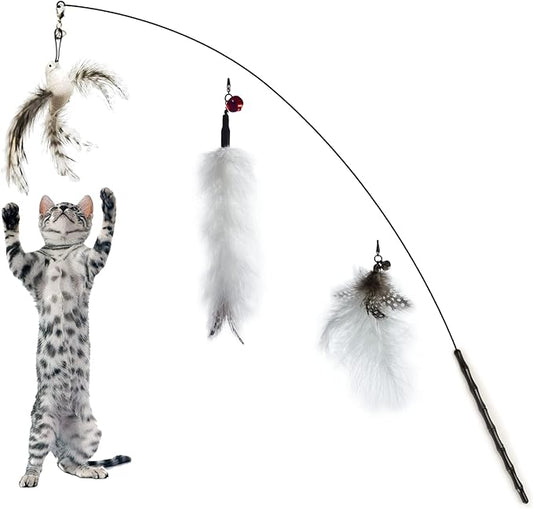 Cat Feather Toys - Interactive Wand & Teaser Set, Indoor Kitten Play & Exercise