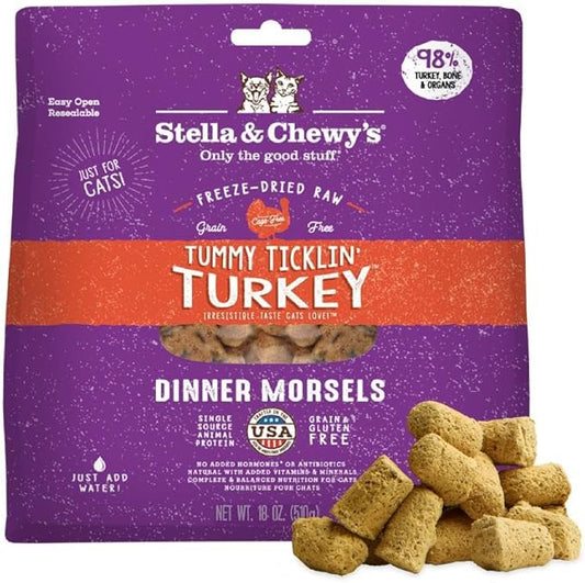 Stella & Chewy's Freeze-Dried Raw Cat Dinner Morsels - Premium Turkey Recipe with 98% Farm-Raised Meat & Organs - Natural Grain-Free Cat & Kitten Food - Made in USA - 18 oz