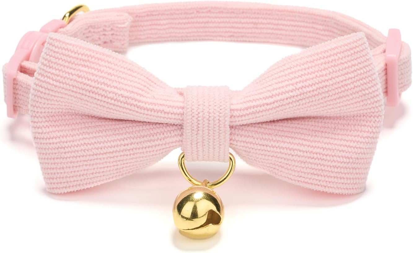 2 Pack Soft Corduroy Cat Collars with Bow Tie & Bell, Adjustable Breakaway Cotton Kitty Bowtie Collar for Girl Boy Kitten (Pink & Blue)