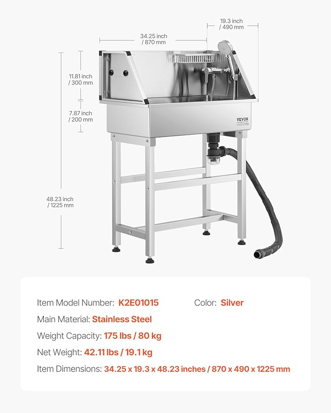 VEVOR Stainless Steel Dog Washing Station, 34 inch Pet Grooming Tub w/Faucet & Showerhead & Soap Holder & Play Balls Simple Dog Bathtub for Multiple Pets, Home Washing Sink