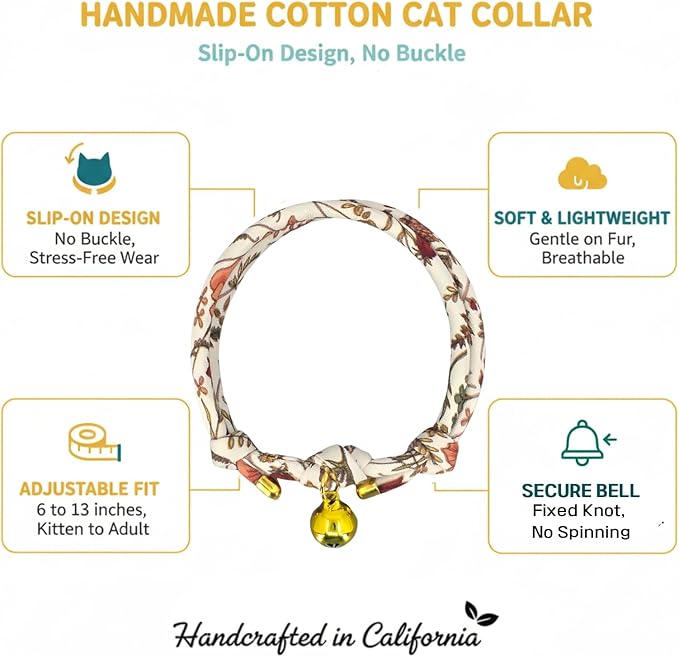 Handmade Cotton Fall Cat Collar with Bell – Adjustable Slip-On Design, No Buckle, Lightweight Rope Collar for Kittens, Indoor Cats, and Small Pets (Autumn)