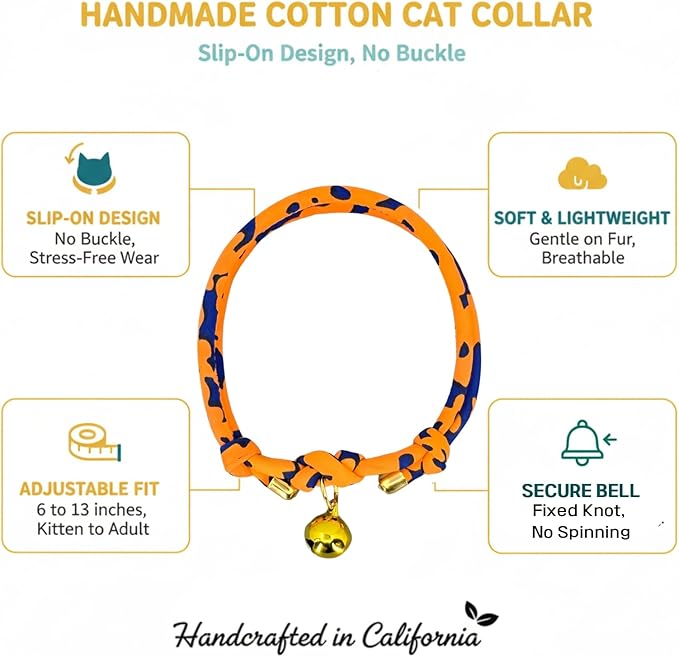 Handmade Halloween Cat Collar with Bell – Adjustable Slip-On Design, No Buckle, Lightweight Rope Collar for Kittens, Indoor Cats, and Small Pets (Pumpkin)