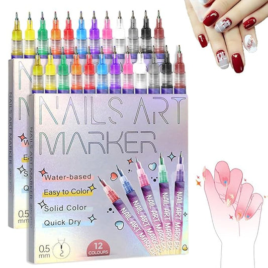 12 Colors Nail Art Pens Set with 30 Sheets Nail Stickers Decals, Nail Art Markers for Gel Nails, 3D Nail Polish Pens Quick Dry, Dotting Point Liner Pens for DIY Nail Painting Nail Art Tools (2 Set)