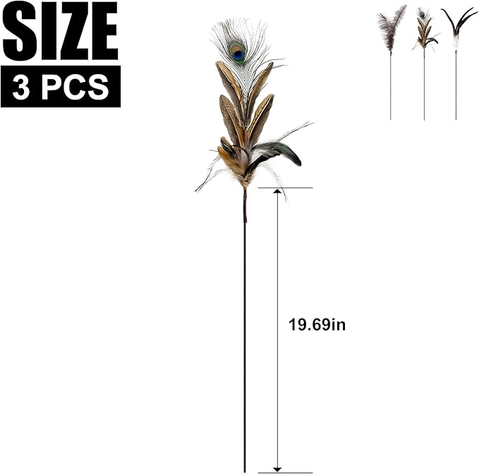 TTcat Cat Wand Toys Feather Stick Toys,3 Pcs Cat Teaser Sticks with Different Feathers, Peacock, Chicken Feathers,Interactive oys for Indoor and Kitten.