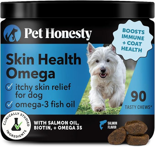 Pet Honesty Omega Skin Health Chews for Dogs, Alaskan Salmon Oil, Omega-3 Fish Oil, Krill, Spirulina, Omega-3s, Healthy Skin & Coat, Itchy Skin, Dog Allergies, May Reduce Shedding (90 Count)