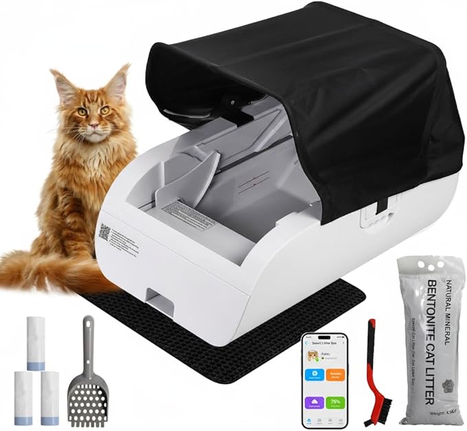 Self Cleaning Litter Box,Open-Top Automatic Cat Litter Box APP Control (2.4G/5G) with Health Tracking, Dual Safety Sensors&Odorless Design,Includes cat Litter & 3 Rolls Waste Bags (with Tent)