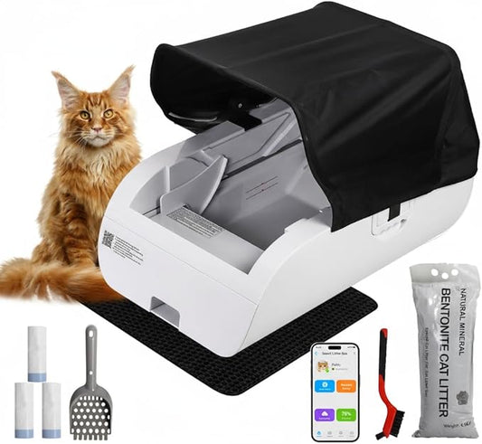 Self Cleaning Litter Box,Open-Top Automatic Cat Litter Box APP Control (2.4G/5G) with Health Tracking, Dual Safety Sensors&Odorless Design,Includes cat Litter & 3 Rolls Waste Bags (with Tent)
