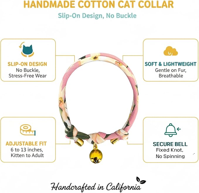 Handmade Cotton Cat Collar with Bell – Adjustable Slip-On Design, No Buckle, Lightweight Rope Collar for Kittens, Indoor Cats, and Small Pets (Glow)