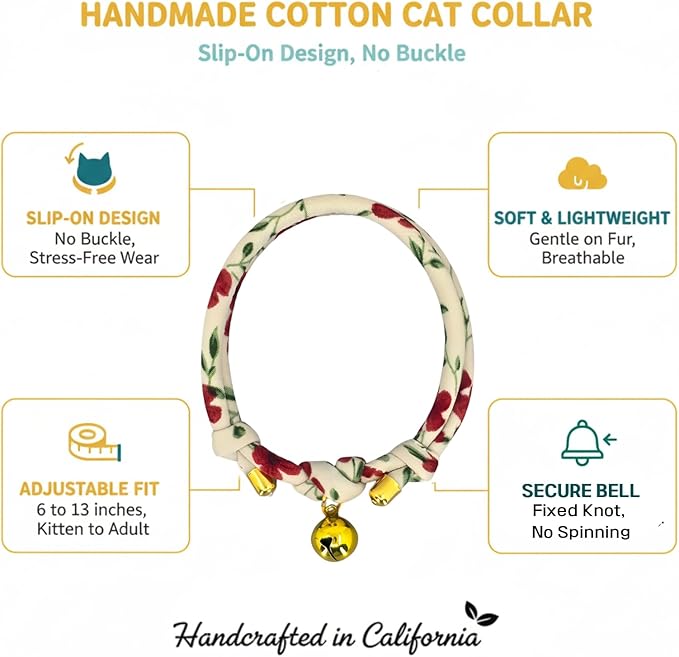 Cotton Christmas Cat Collar with Bell – Adjustable Slip-On Design, No Buckle, Lightweight Rope Collar for Kittens, Indoor Cats, and Small Pets (Ruby)