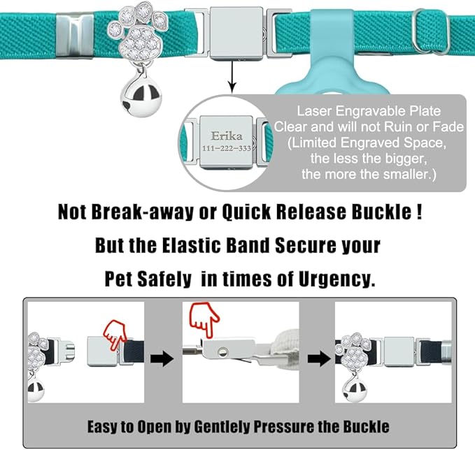 Personalized Safety Elastic Cat Collars with Bell Soft Silicone Cover for Air Tag,Laser Customized Stretch Kitten Collars for Girls Boys Cats (Cyan)