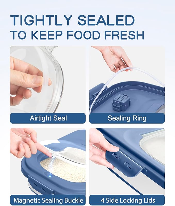 20-30 Lbs Rice Storage Container,Collapsible Food Storage Containers with Rolling Wheel Airtight Locking Lid,Flour Storage Container with Cup and Scoop,Suitable for Food,Rice,Pet Food,Flour