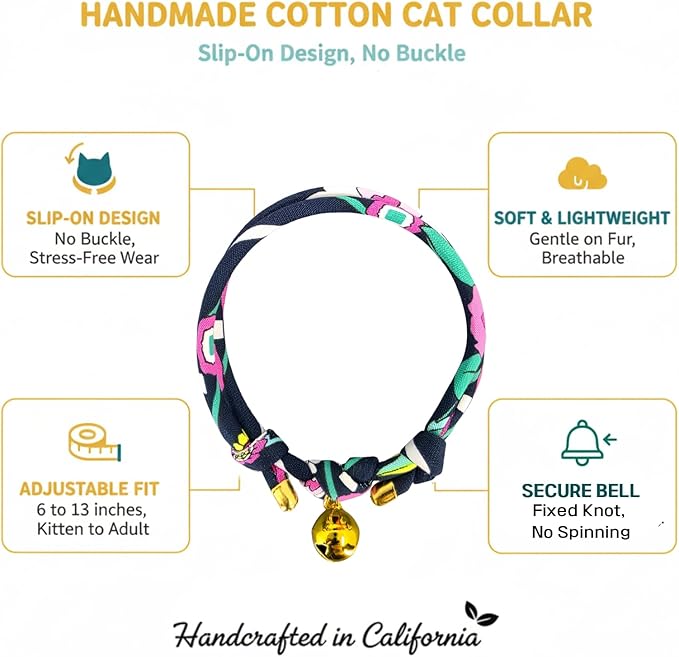 Handmade Cotton Cat Collar with Bell – Adjustable Slip-On Design, No Buckle, Lightweight Rope Collar for Kittens, Indoor Cats, and Small Pets (Zest)