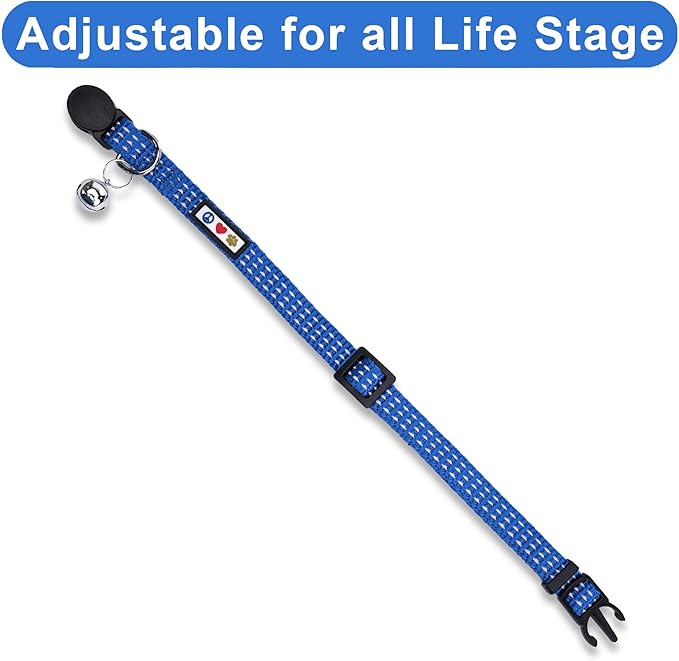 Pawtitas Reflective Blue Cat Collar with Safety Buckle and Removable Bell for Kitten and Cats