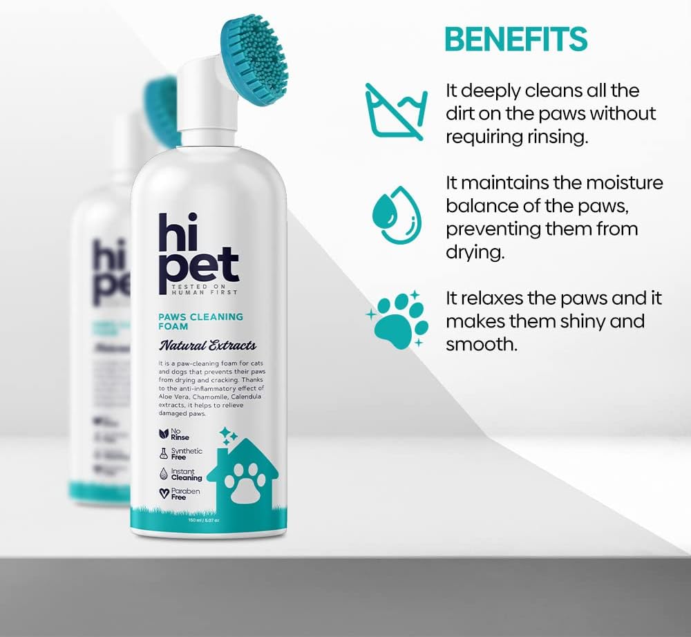 Hi Pet Dog Paw Cleaner Foam with Built-in Paw Scrubber Brush, Paw Cleaner for Dogs and Cats, Cat and Dog Paw Moisturizer, Effortless and Easy-to-Use Bottle Design Dog Feet Cleaner (Pack of 3)