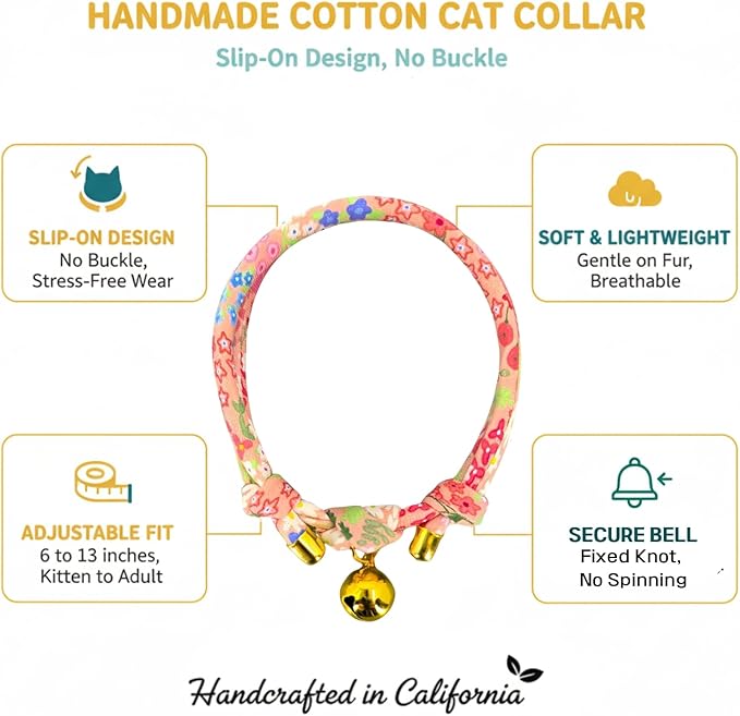 Handmade Cotton Cat Collar with Bell – Adjustable Slip-On Design, No Buckle, Lightweight Rope Collar for Kittens, Indoor Cats, and Small Pets (Blossom)