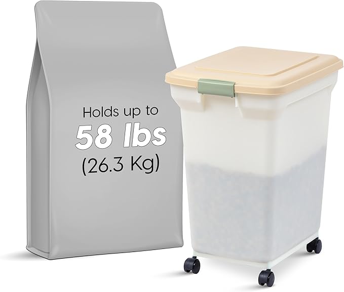 IRIS USA 58 Lbs / 67 Qt WeatherPro Airtight Pet Food Storage Container with Attachable Casters, For Dog Cat Bird and Other Pet Food Storage Bin, Keep Fresh, Translucent Body, Pearl/Almond