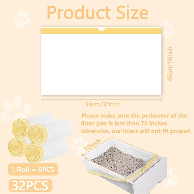 32 Count Cat Litter Box Liners - Large Drawstring Cat Litter Bags, Extra Thick Heavy Duty Durable Litters Tray Pet Cats Pan Liners, Waste Replacement Bags for Self-Cleaning Cats Litter Boxes 18" x 37"