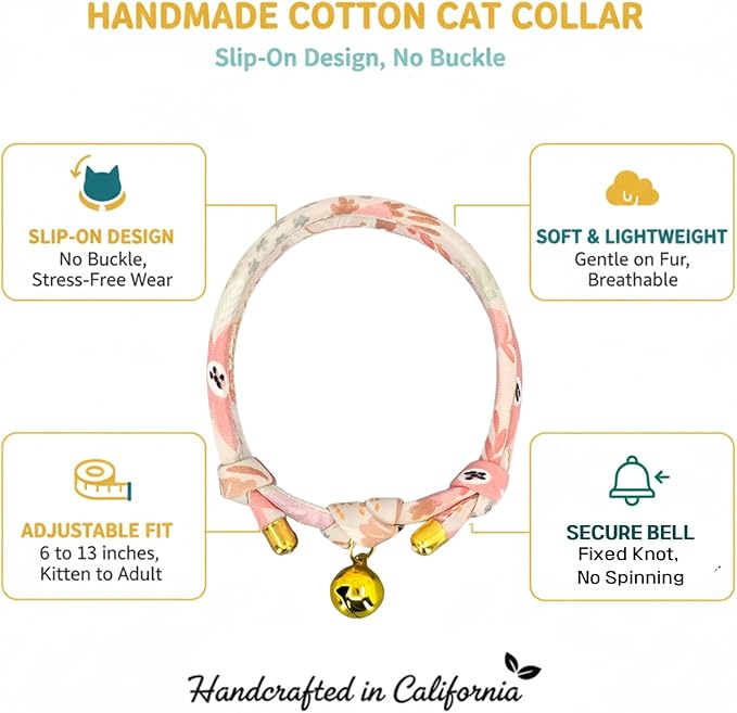 Handmade Cotton Cat Collar with Bell – Adjustable Slip-On Design, No Buckle, Lightweight Rope Collar for Kittens, Indoor Cats, and Small Pets (Blush)