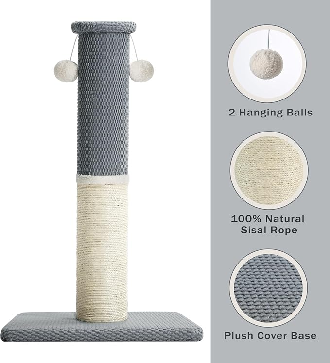 Made4Pets Tall Cat Scratching Post, Heavy Duty and Thicker Scratching Posts for Indoor Cats Adults, 23.6" Natural Sisal Cat Scratcher with Hanging Balls, Sturdy Base Cat Scratch Post, Light Grey