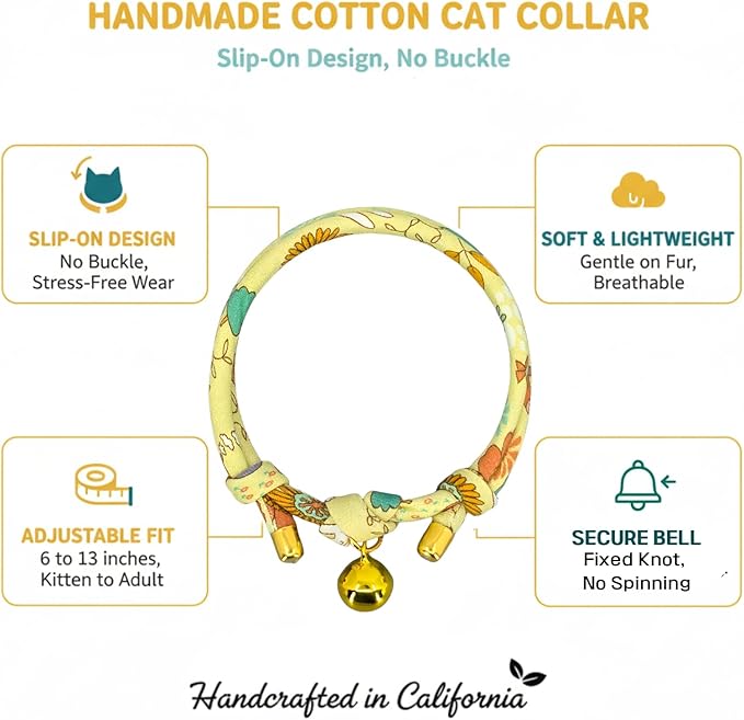 Halloween Cotton Cat Collar with Bell – Adjustable Slip-On Design, No Buckle, Lightweight Rope Collar for Kittens, Indoor Cats, and Small Pets (Amber)