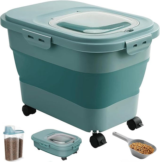 ANVS Airtight Collapsible Pet Food Container With Casters, Scoop and Small Container - Keeps Up To 20lbs Dry Dog Food Fresh (Dark Green)