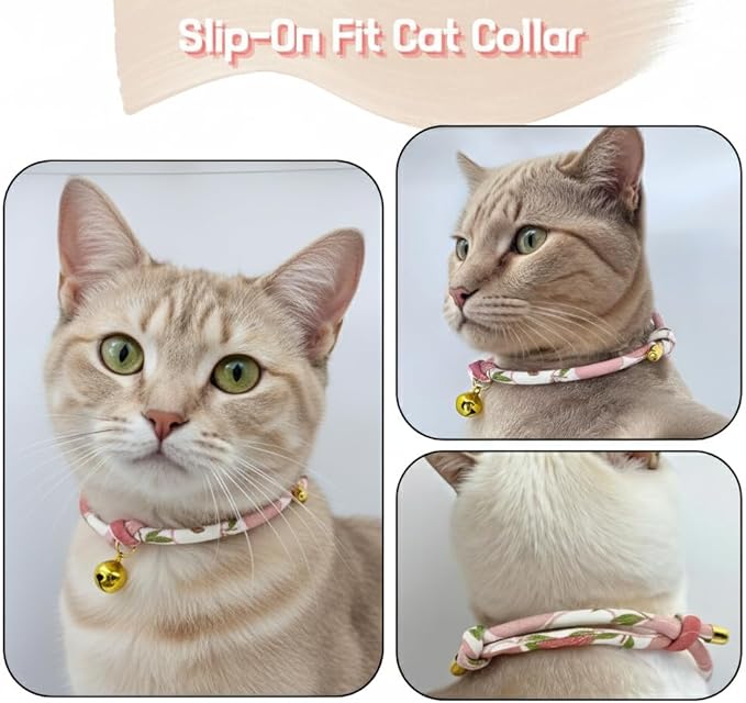 Handmade Cotton Cat Collar with Bell – Adjustable Slip-On Design, No Buckle, Lightweight Rope Collar for Kittens, Indoor Cats, and Small Pets (Peach)