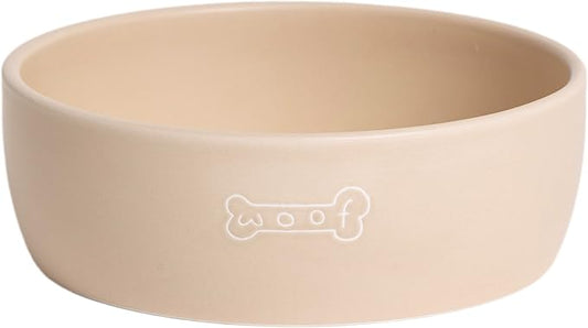 Pearhead Ceramic Dog Bowl – Neutral Taupe “Woof” Design, Holds 3 Cups, Non-Skid Stoneware Pet Feeding Dish, Medium