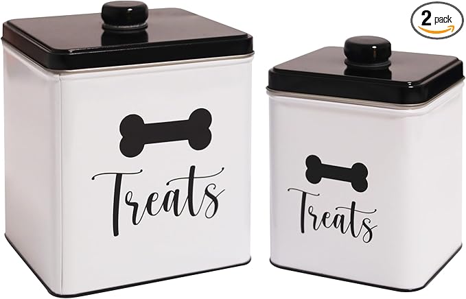 2pc Set Square Storage Dog Tin Container for Treats, Food, Storage, Supplies, Toys (Treats)
