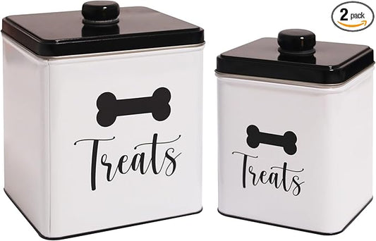 2pc Set Square Storage Dog Tin Container for Treats, Food, Storage, Supplies, Toys (Treats)