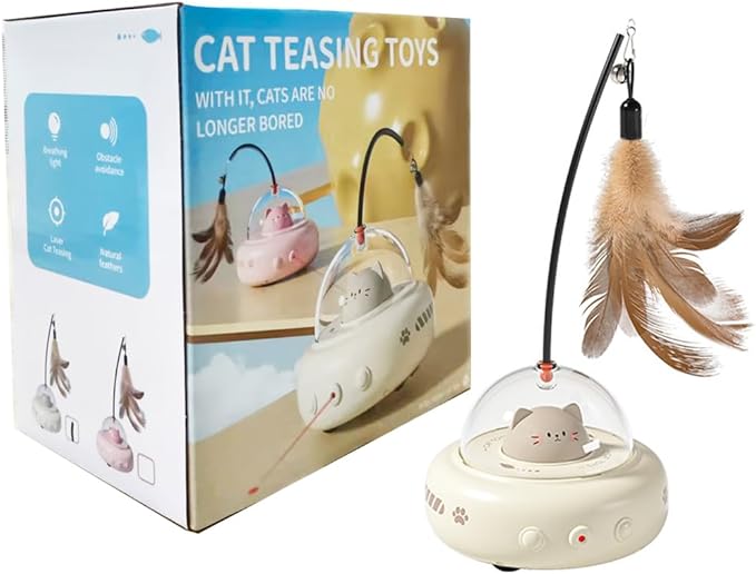 2 in 1 Rechargeable Interactive Cat Toys for Indoor Cats Self Play, Automatic Kitten Toys with Feather Wand and Laser Pointer for Cat Gifts (Cream Coffee)