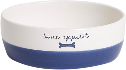 Pearhead Ceramic Dog Bowl – White & Navy “Bone Appétit” Design, Holds 2 Cups, Stoneware Pet Dish, Non-Skid Feeding Bowl, Small/Medium