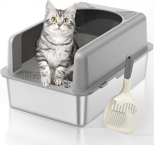 Stainless Steel Cat Litter Box, Extra Large Enclosed Litter Boxs for Big Cats, XL Metal Cat Litter Box with Lid, High Sided, Non Stick, No Smell, Easy to Clean, Included Scoop
