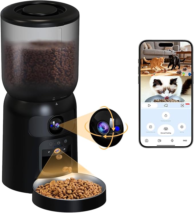 Automatic Cat Feeder with 2K HD Dual Cameras, 2.4/5G WiFi 6L Feeder, Pet Feeder Automatic for Cats & Dogs, Cat Food Dispenser with Cameras, Laser Interactive Toy & Night Vision(Black-Dual Cameras)