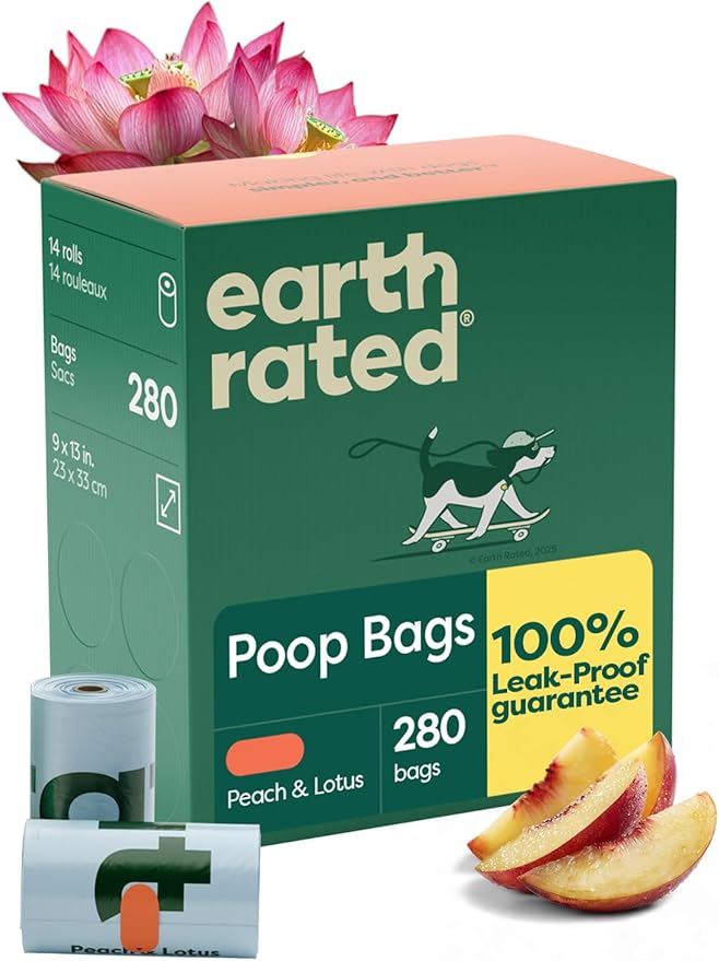 Earth Rated Poop Bags for Dogs, Guaranteed Leak Proof and Extra Thick Waste Bag Refill Rolls, Peach and Lotus, 280 Count