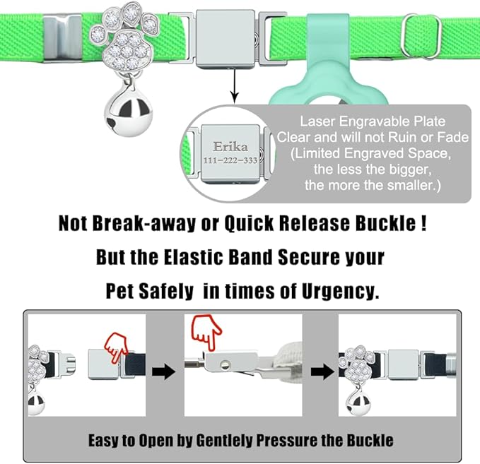 Personalized Safety Elastic Cat Collars with Bell Soft Silicone Cover for Air Tag,Laser Customized Stretch Kitten Collars for Girls Boys Cats (Light Green)
