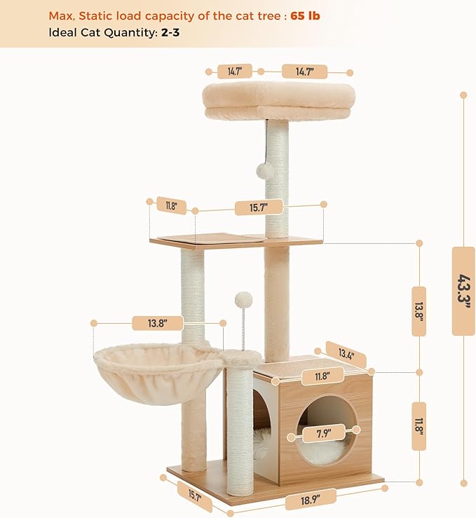 Modern Cat Tree for Indoor Cats, Small Cat Tower with Cat Condo, Scratching Posts, Top Perch and Metal Frame Hammock, Wooden Play House with Anti-Slip Mat, Beige