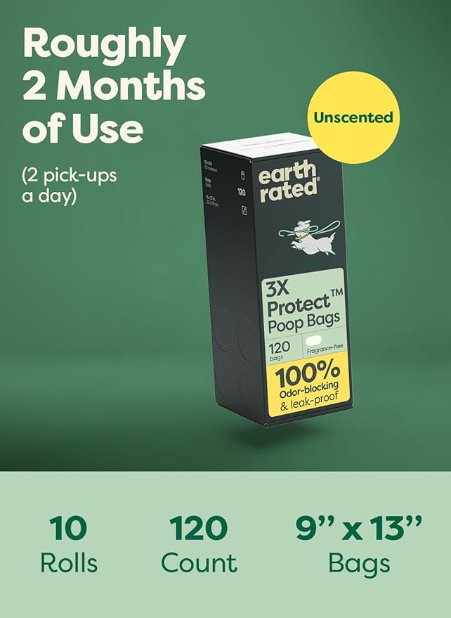 Earth Rated Odor-Blocking Poop Bags for Dogs with 3X Protect, Guaranteed to Block Smells & Leak-Proof Performance, Conceals Smell & Mess, Unscented, 120 Count