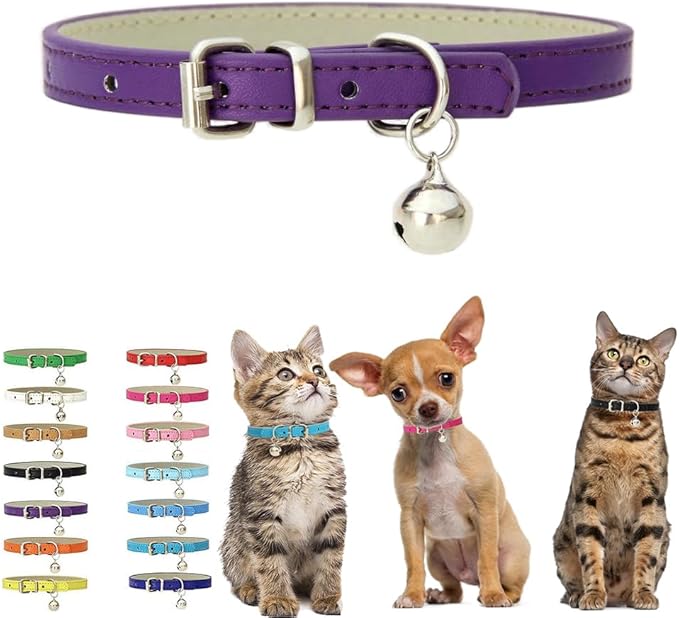 Purple Kitten Collar with Bell, Soft Pu Leather Small Dog Collars Adjustable Buckle for XXS XS Extra Small Medium Tiny Female Male Boys Girls Pets Puppy Cats Teacup Yorkie XX-Small