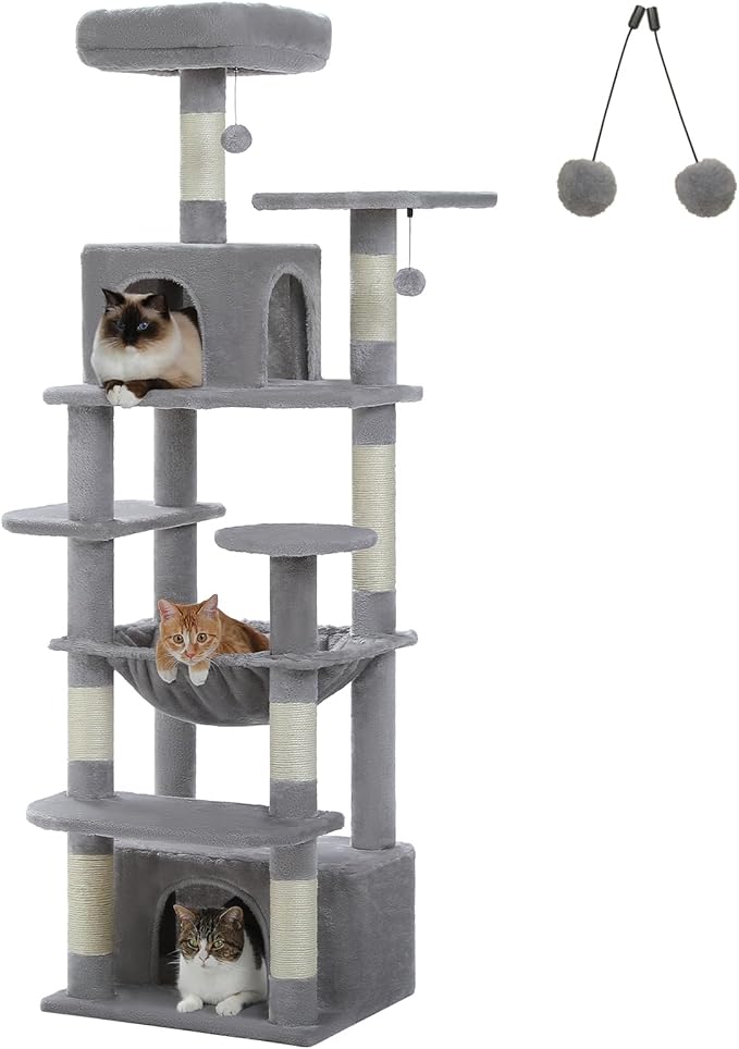 Cat Tree for Indoor Cats, 64.5" Tall Cat Tower with 2 Cozy Condos, Scratching Posts, Large Hammock and Dual Padded Perches, Multi-Level Activity Center for Large Cats, Grey