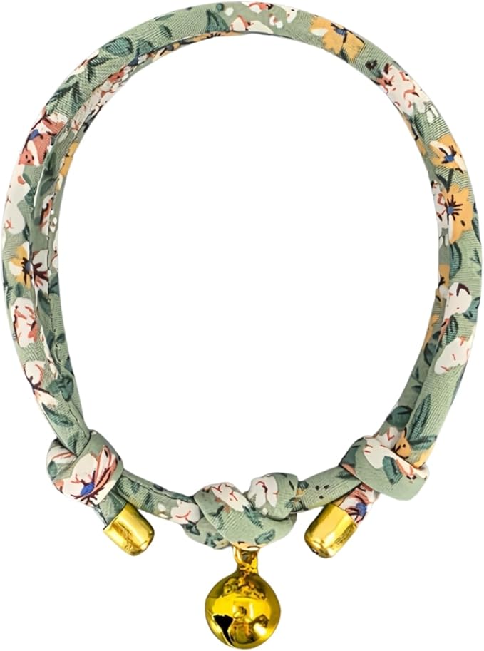 Handmade Cotton Cat Collar with Bell – Adjustable Slip-On Design, No Buckle, Lightweight Rope Collar for Kittens, Indoor Cats, and Small Pets (Sage)