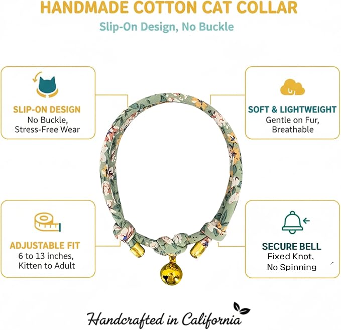Handmade Cotton Cat Collar with Bell – Adjustable Slip-On Design, No Buckle, Lightweight Rope Collar for Kittens, Indoor Cats, and Small Pets (Sage)
