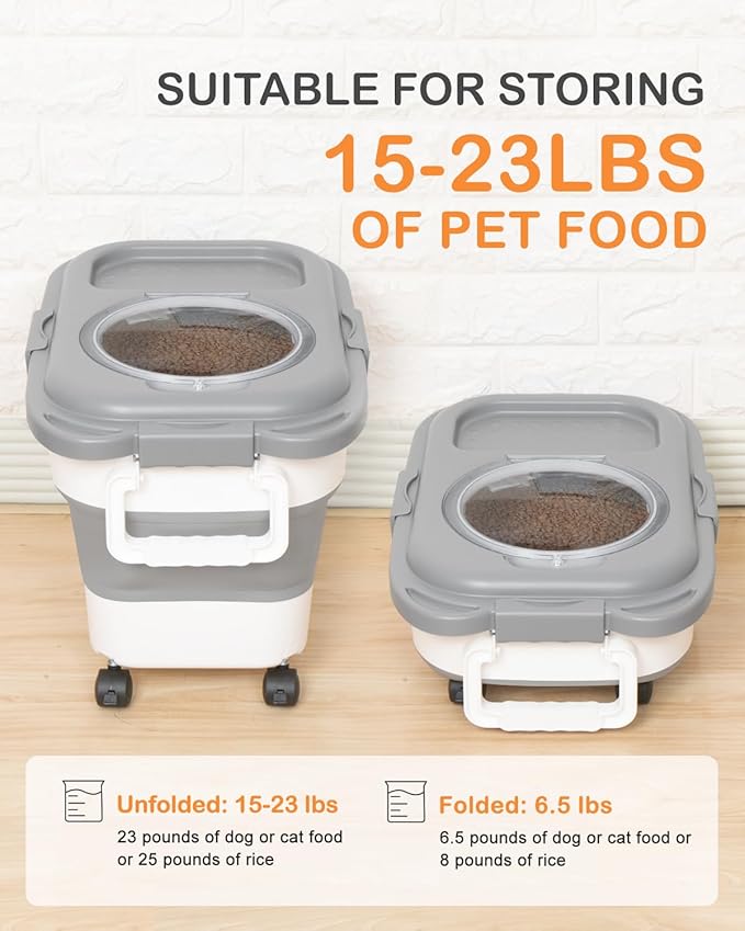 15-23 Lbs Dog Food Storage Container, Collapsible Dog Food Container with Airtight Lid, Wheels, Handle, Large Cat Food Storage Container with Scoop, Dog Bowl for Dog Cat