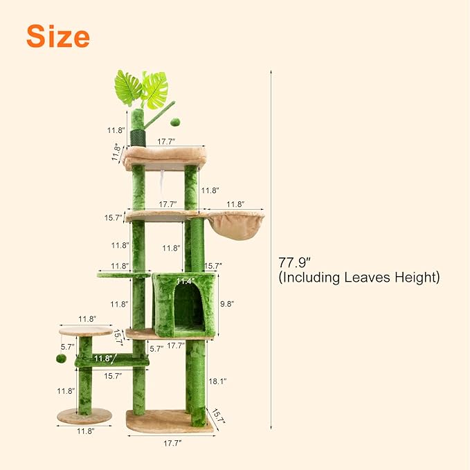 Cat Tree 78in Cat Tree Tower for Indoor Cats Plush Multi-Level Activity Center with Cave Baskets Scratching Posts Green (Green, 78")