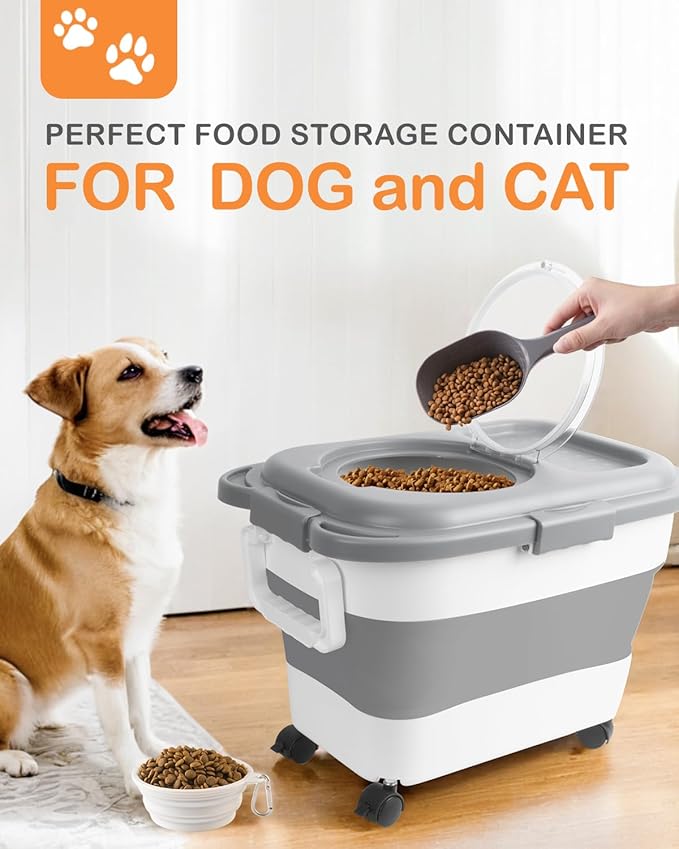 15-23 Lbs Dog Food Storage Container, Collapsible Dog Food Container with Airtight Lid, Wheels, Handle, Large Cat Food Storage Container with Scoop, Dog Bowl for Dog Cat
