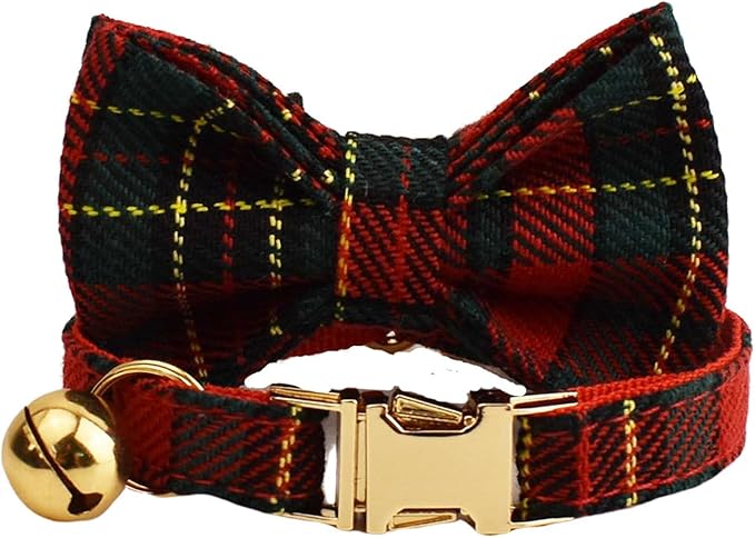 Plaid Polyester Personalized Cat Collar with Name & Owner Phone, Customizable Laser-Engraved, Charming Bell, Metal Buckle for Kittens and Cats - Matching Leash Available (Style-J)