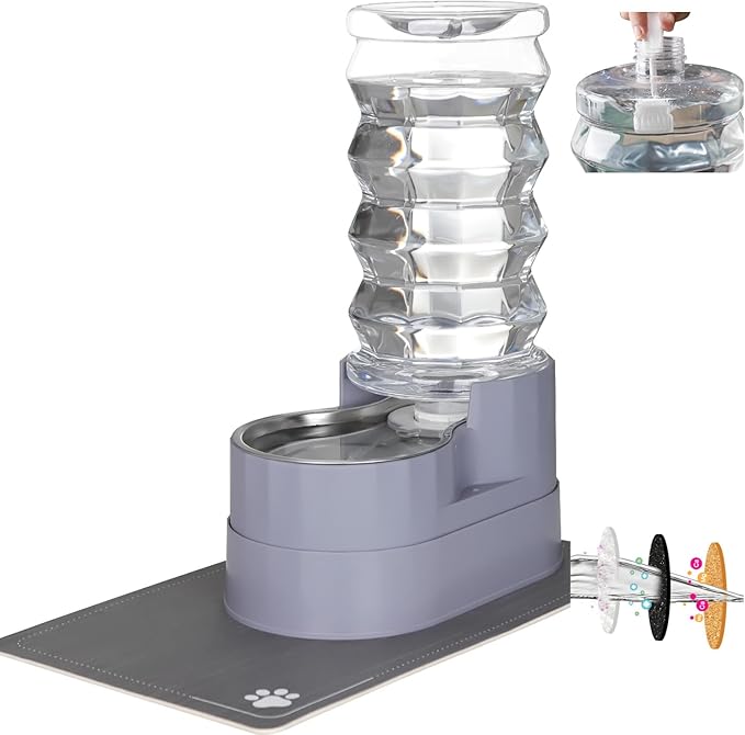 RIZZARI Large Water Dispenser for Dogs: 8L Gravity Gray Automatic Stainless Steel Waterer with Specialized Brush and Triple Filter - Raised Pet Feeder for Senior Dogs with Joint Pain in Bedroom Garden