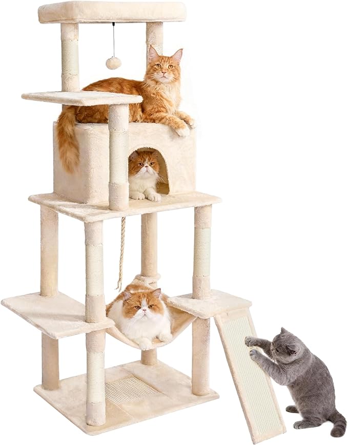 Cat Tree Tower 63in Multi-Level Cat Tower for Indoor Cats with Sisal Scratching Posts, Condo, Hammock, Dangling Ball and Extended Platform for Cats to Play, Beige