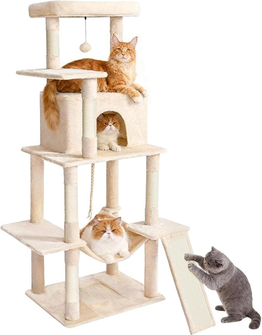 Cat Tree Tower 63in Multi-Level Cat Tower for Indoor Cats with Sisal Scratching Posts, Condo, Hammock, Dangling Ball and Extended Platform for Cats to Play, Beige