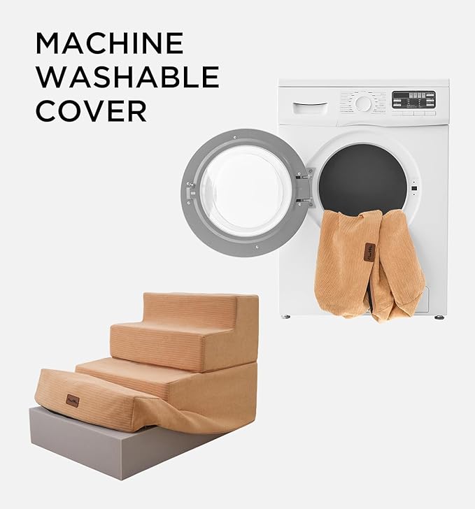 Made4Pets Dog Stairs for Small Dogs, Extra Wide Dog Steps for Bed Couch Sofa and Chair, 35D Foam Pet Steps for Small Dogs and Cats, Non-Slip Bottom Pet Stairs, Tan, 3 Steps